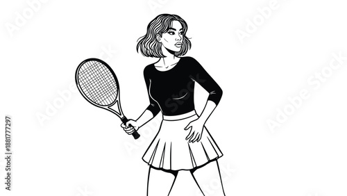Stylish woman holding a tennis racket in a retro illustration style