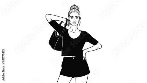 Chic woman with handbag and stylish outfit in minimalist black and white illustration