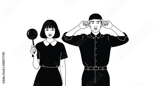 Duo in bold graphic style with girl holding magnifying glass and boy in contemplation pose