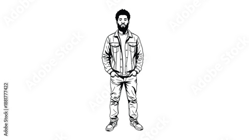 Minimalist line art illustration of a man wearing denim jacket and jeans