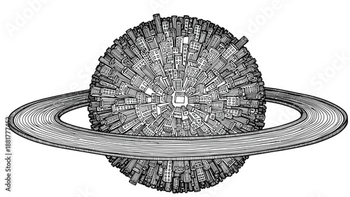 A spherical metropolis encircled by a cosmic ring with intricate urban architecture illustration