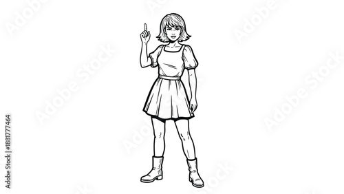Bold female character illustration with finger raised in a decisive gesture on white background
