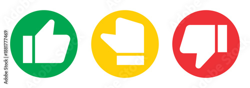 Like, dislike and neutral thumb symbols in white and black circle. Feedback and rating thumbs up and thumbs down icons set. Thumbs up, down and sideways icon set.