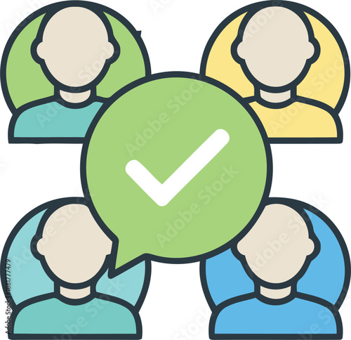 Four abstract people icons signify successful team task completion and unanimous group approval