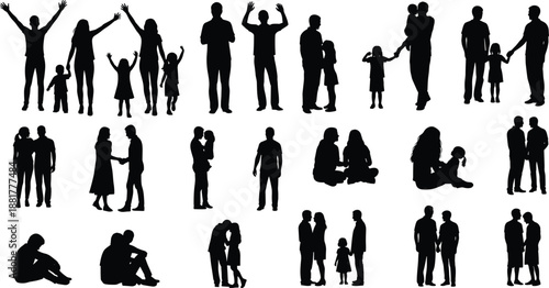 Black Silhouette Icons Depicting Family Relationships, Bonding, and Human Connection for Emotional, Social, and Lifestyle Design Themes