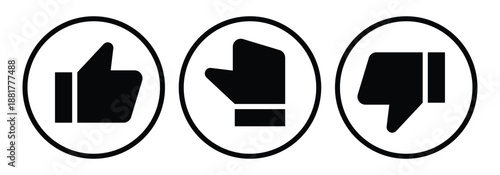 Like, dislike and neutral thumb symbols in white and black circle. Feedback and rating thumbs up and thumbs down icons set. Thumbs up, down and sideways icon set.