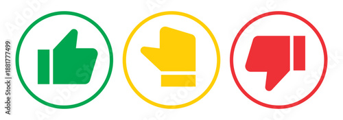 Like, dislike and neutral thumb symbols in white and black circle. Feedback and rating thumbs up and thumbs down icons set. Thumbs up, down and sideways icon set.