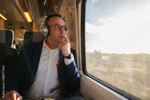 Business man traveling by train looking out window