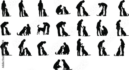 Black Silhouette Icons of People Interacting with Dogs for Pet Companionship, Training, and Lifestyle Design Themes