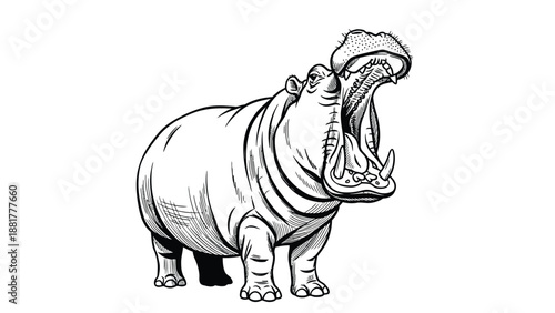 Stylized black and white illustration of a hippopotamus with its mouth wide open revealing