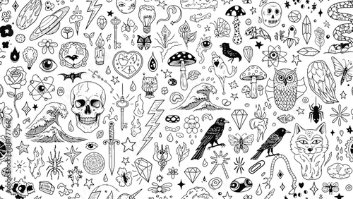 Whimsical and Mysterious Hand-Drawn Elements Collage with Skulls, Birds, and Celestial Motifs
