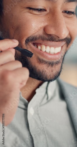 Call center, man and headset for communication, customer service and conversation in office. Consultant, business person and helpdesk operator with discussion, microphone or crm support at work