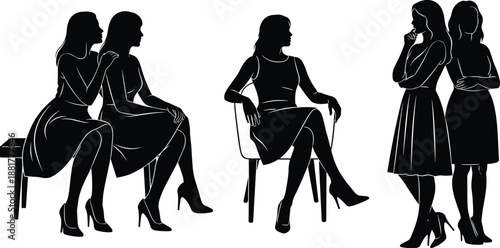 Black Silhouette Illustration of Women in Social Interaction, Confidence, and Thoughtful Poses for Lifestyle and Communication Themes