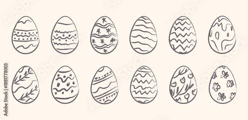 Hand drawn sketch style Easter egg collection with decorative patterns and floral ornaments. Happy easter doodle ink crayon set with texture. Vector illustration isolated on background.