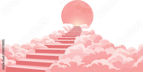 Dreamy pink staircase ascending to glowing moon through soft clouds ethereal journey