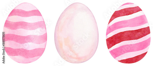 Tableau sur toile Pink Easter Eggs Watercolor with Stripe Pattern and Plain in Pastel Color - Hand