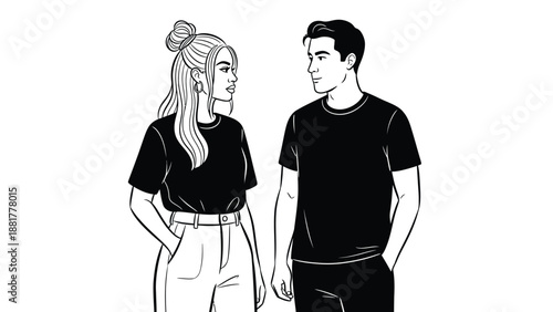 Modern minimalist illustration of a young man and woman in casual attire facing each other