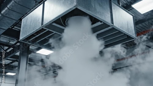 Industrial ventilation system releasing white vapor from metal duct in a factory or warehouse. Air flow and climate control concept.