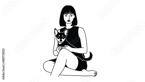 Minimalist line art illustration of a woman holding a small dog creating a peaceful bond