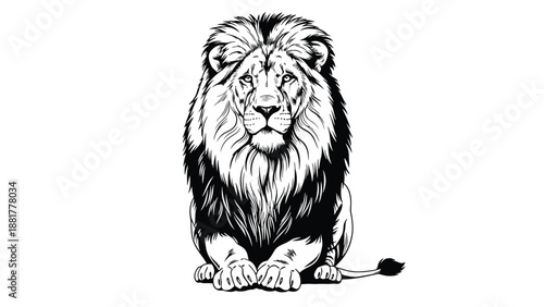 Majestic black and white depiction of a powerful seated lion with a striking mane