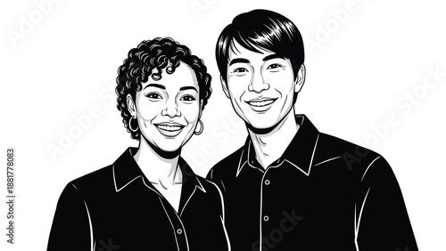 Diverse young couple sharing a joyful moment depicted in a bold comic book illustration style