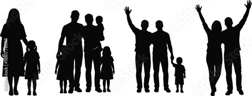 Black Silhouettes of Diverse Family Groups Depicting Unity, Parenthood, and Generational Bonding Through Expressive Poses