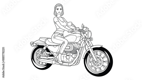 Stylized black and white illustration of a woman confidently riding a motorcycle