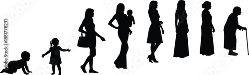 Black Silhouettes of Female Life Stages from Infancy to Old Age Depicting Growth, Aging, and Generational Identity