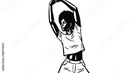 Stylized illustration of a young person with afro hair striking a dynamic pose with arms raised