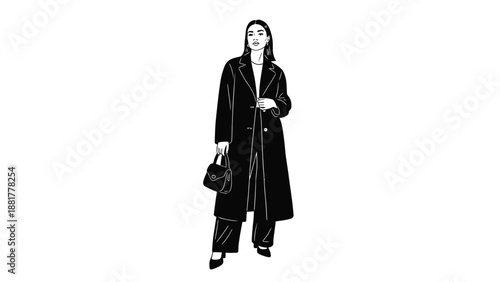 Elegant fashion illustration of a woman in a long coat and handbag against a white backdrop