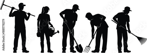 Black Silhouettes of People Performing Gardening Tasks Depicting Outdoor Labor, Tools, and Teamwork