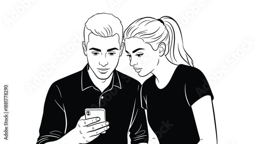 Young couple engrossed in a smartphone screen together sharing a moment of digital connection and