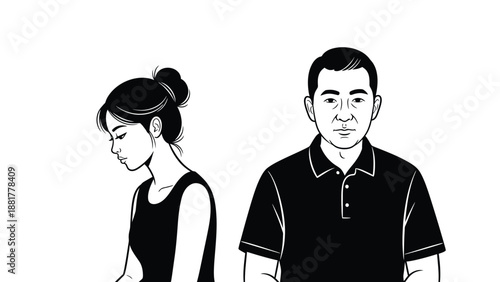 A man and a woman depicted in a minimalist black and white illustration style on a plain background