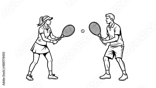 Dynamic Duo Engaged in a Lively Tennis Match with Racquets and Ball