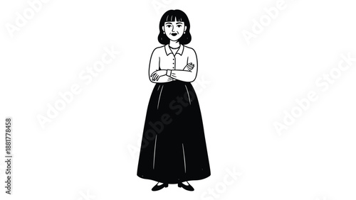 Stylized illustration of a confident woman in a long skirt and collared shirt arms crossed