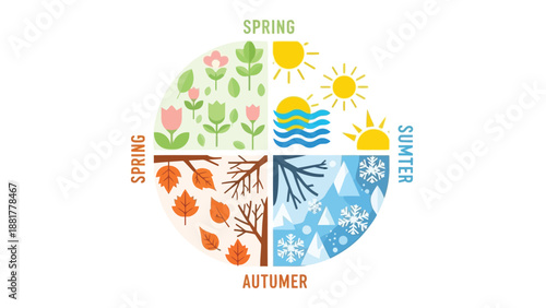 Seasonal cycle diagram with spring summer autumn and winter illustrations
