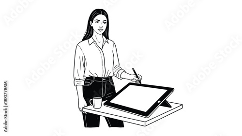 Creative professional utilizing digital tablet and stylus at workstation with beverage