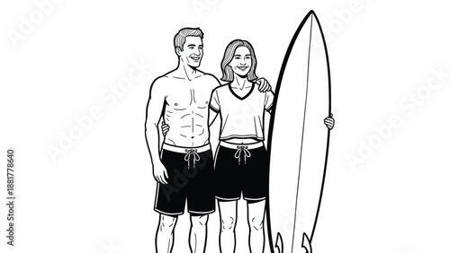 A couple with a surfboard on a white background minimalistic illustration
