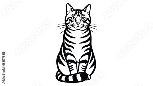 Artistic Monochrome Rendering of a Sitting Tabby Cat with Distinctive Stripes and Whiskers