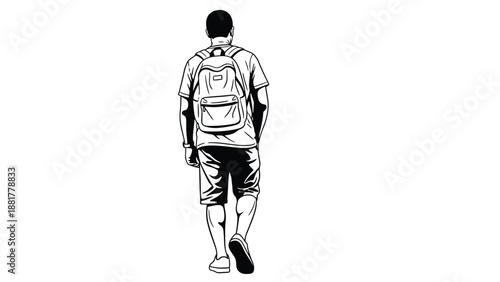 Stylized monochrome illustration of a young man wearing a backpack walking away from the viewer