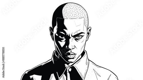 Intense Black and White Comic Book Style Portrait of a Fierce Young Person with a Buzz Cut