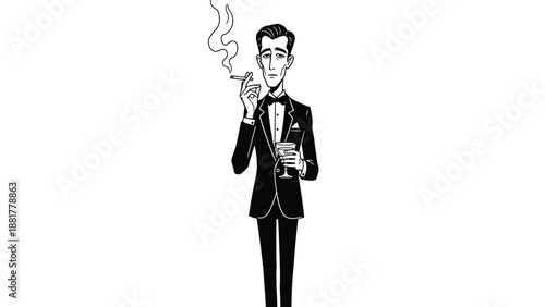 Elegant Gentleman in Tuxedo Smoking and Holding a Cocktail Illustration