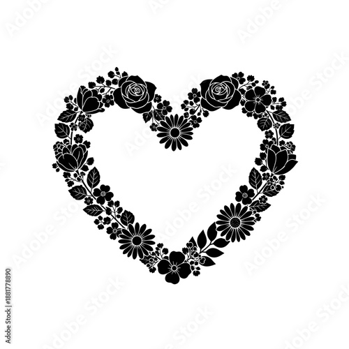 Floral Heart Shape Black Illustration Design.
