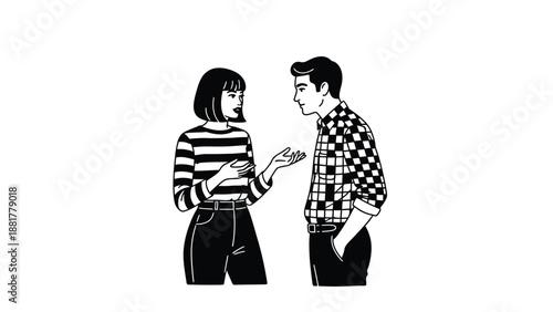 A woman gestures while speaking to a man standing with his hands in his pockets on a white