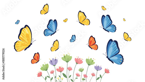 Colorful butterflies flying around vibrant flowers in garden