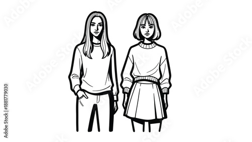 Stylized illustration of two young women standing side by side in casual outfits