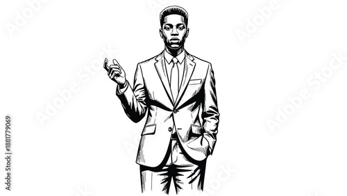 A bold graphic illustration of a confident young man in a sharp suit making a gesture