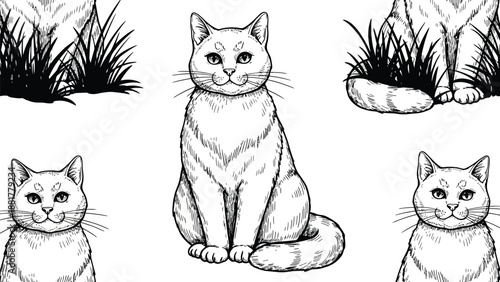 Artistic hand-drawn sketch of various domestic cats in a charming composition