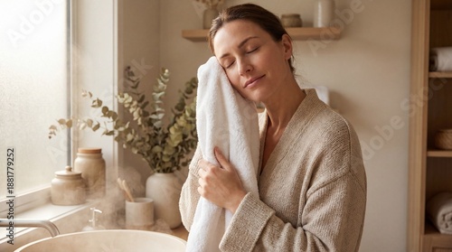 A serene woman embraces tra...