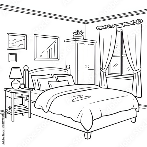 A bedroom illustration vector style coloring page 